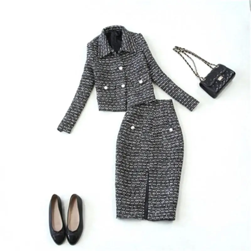 Fashion Plaid suit women Autumn New Thicken large size woollen woolen coat jacket + bag hip skirt | Женская одежда