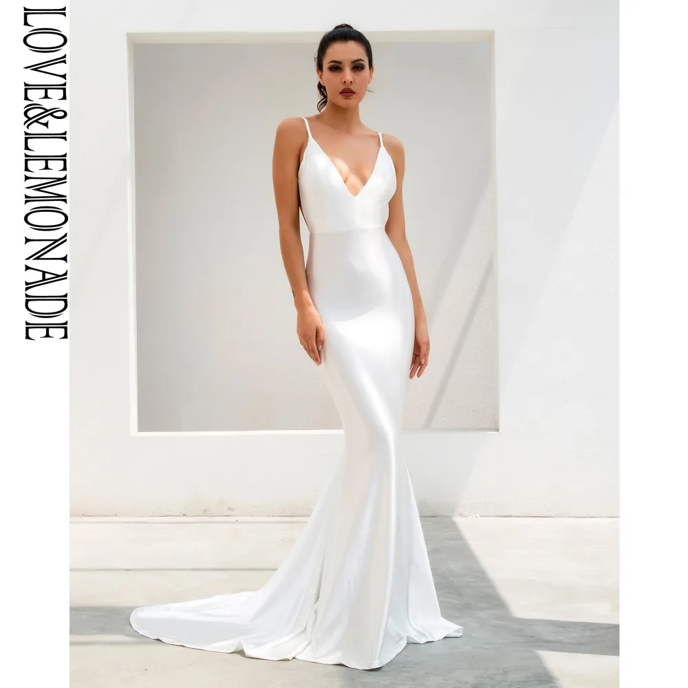 Женское длинное платье LOVE & LEMONADE Белое Облегающее с глубоким v образным вырезом и