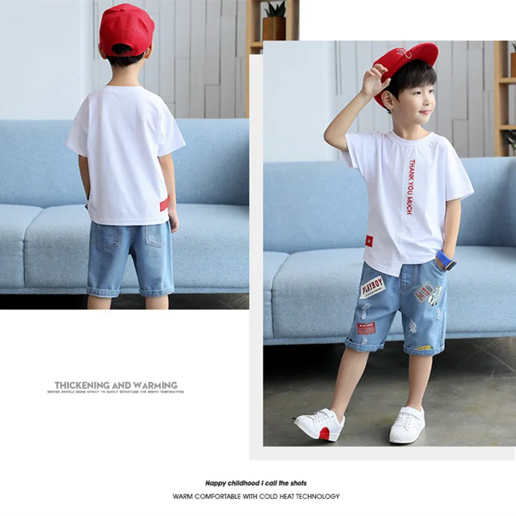 Big Boy Short Sleeve T Shirt+A Pair of Jeans 2pc Sport Sets Summer Children's Clothing Kids New Boys Clothes Suits 3-13Y | Детская