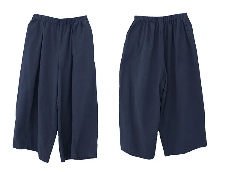Модные темно синие широкие свободные штаны Плотные хлопковые льняные шаровары