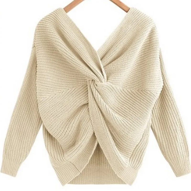 Fashion Solid Color V-neck Open Back Women's Sweater Irregular Cross Knotting Woman Winter 2019 Office Ladies | Женская одежда