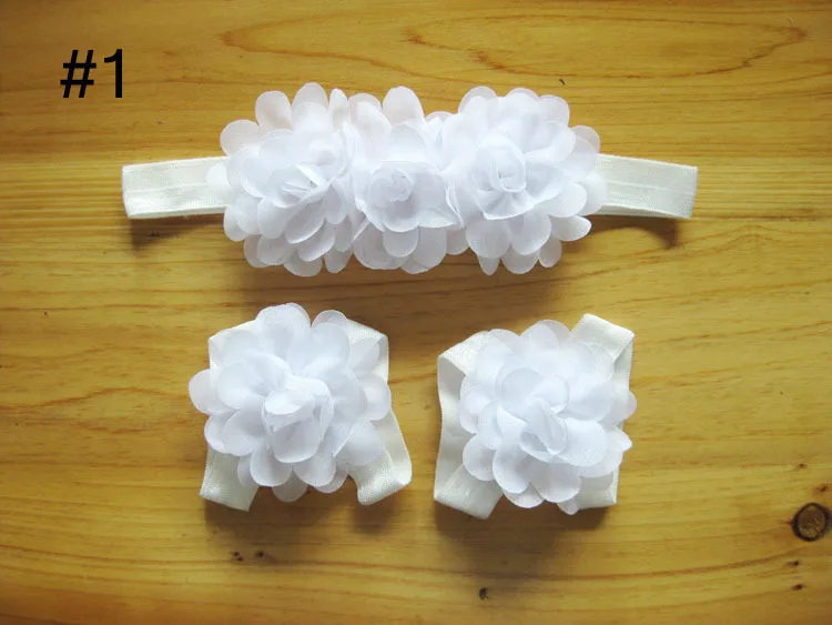 

2017 wholesale newborn headbands mini chiffon flowers kid barefoot sandals and headband set children hair accessories 5set/lot