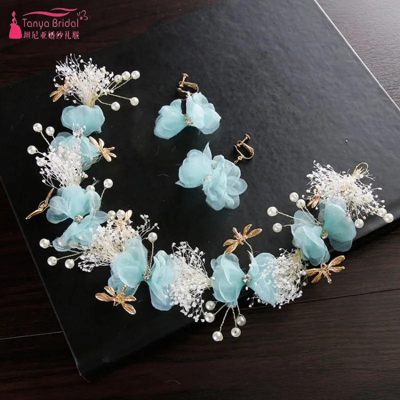 

Light Blue/White/Pink Bohemian Bridal Headwear Flowers With Pearls Crystal Elegant Beach wreath Cheap DQG337