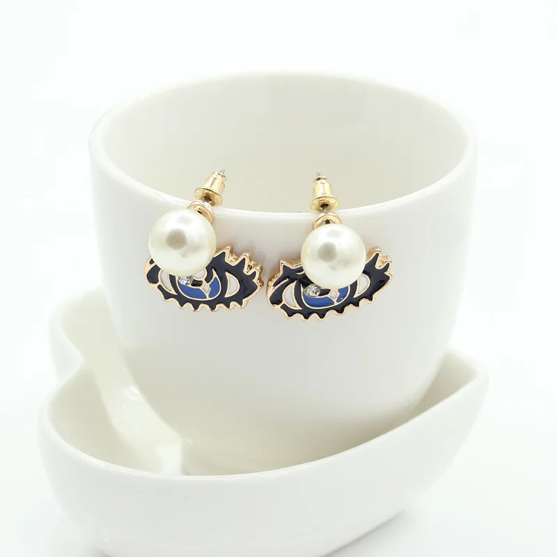 Женщин искусственный жемчуг серьги гвоздики Золотая двойная сторона глаз