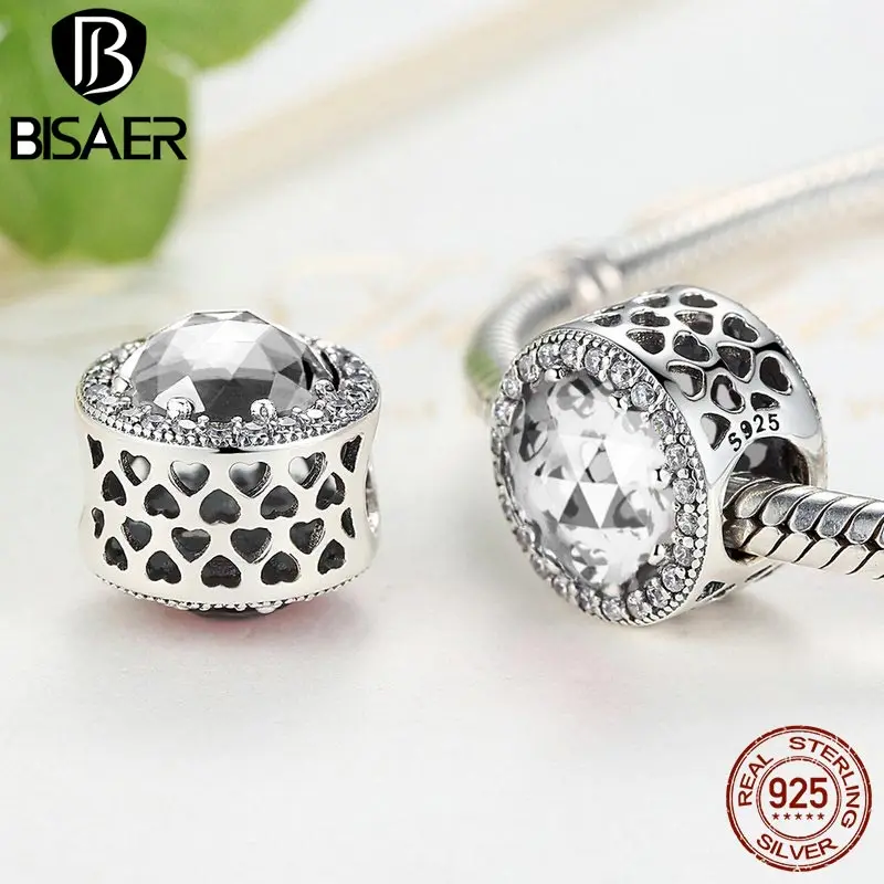 BISAER подлинные 925 пробы серебряные Красные лучистые сердца, Cerise Кристальные и прозрачные CZ бусины и талисманы подходят Pan браслеты HTC113