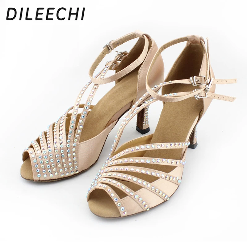 DILEECHI Skin color satin rhinestones shoes women's Latin dance soft outsole Salsa Tango Square | Спорт и развлечения