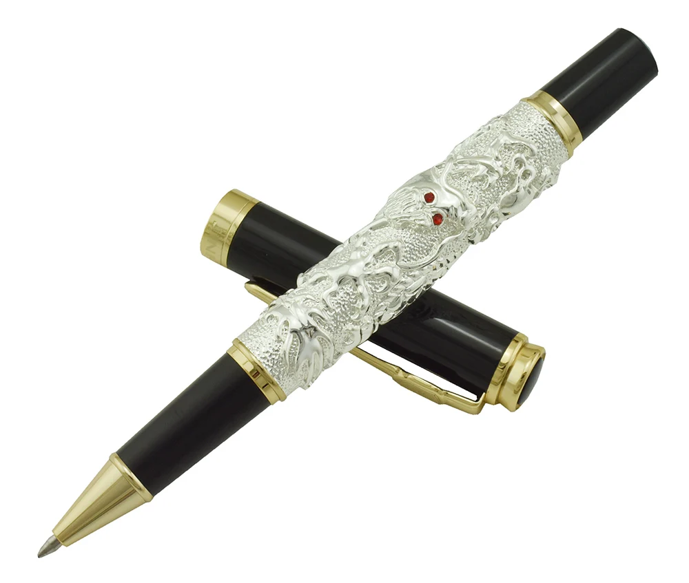 

Винтажная Шариковая ручка Jinhao с чернилами, тяжелая ручка с рисунком благоприятного дракона, благородные серебряные офисные и школьные прин...