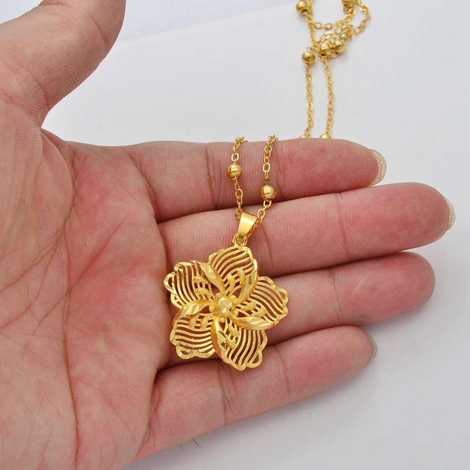 Anniyo Gold Color Flower Pendant Ball Beads Necklaces for Women Girls Flowers Jewelry Birthday Gifts #001236 | Украшения и