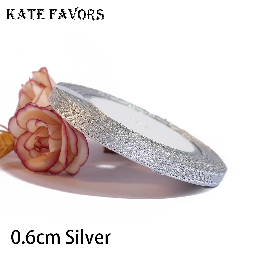 0.6cm Silver 25 ярдов Серебристые золотистые блестящие атласные ленты вечерние украшения для дома и свадьбы Подарочная упаковка Рождество год DIY ремесло материал - Цвет: 0.6cm Silver