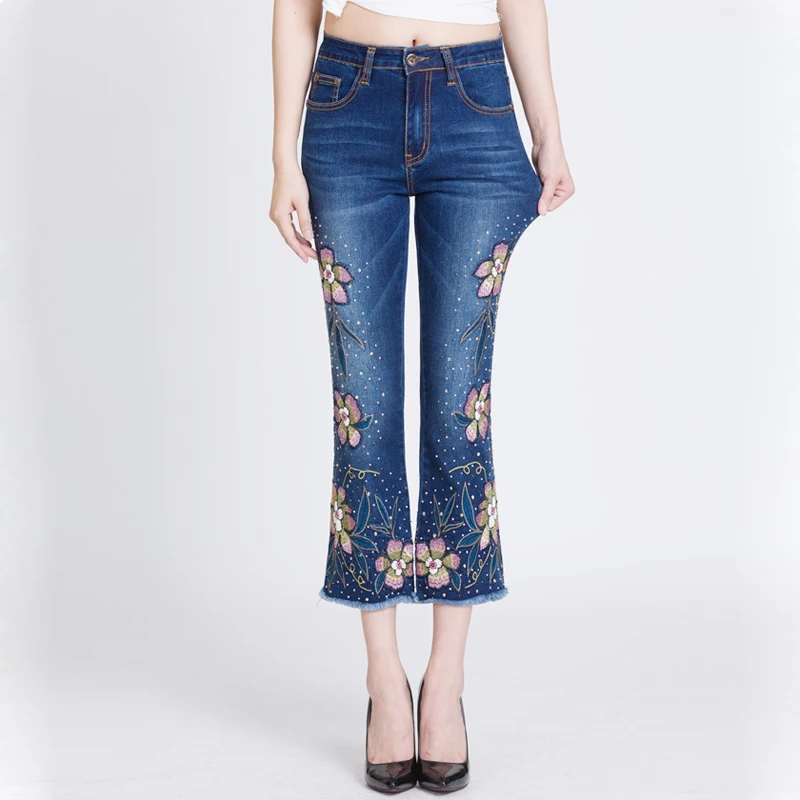 Брендовые вышитые брюки 2019 женские джинсы ручной работы с высокой талией