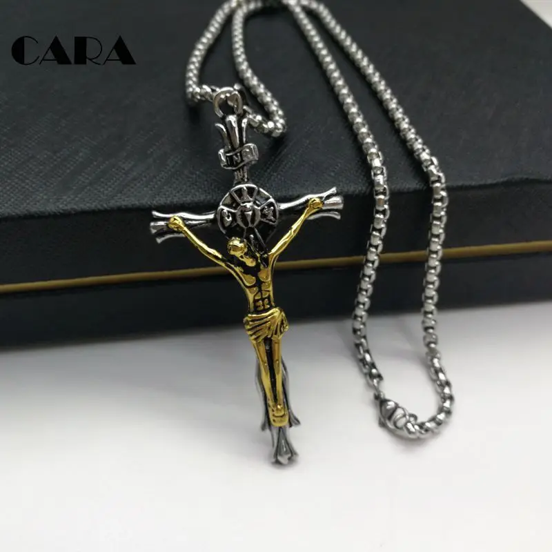 

2019 New 316L stainless steel big Crucifix necklace mens Christian Jesus cross pendant & necklace jewelry for men BLKN0418