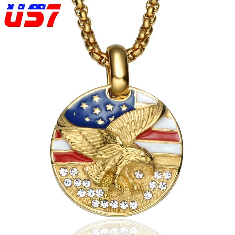 US7 американский флаг хип хоп Орел мужской кулон из нержавеющей стали золотой