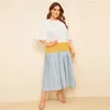 SHEIN, разноцветное плиссированное платье с открытыми плечами размера плюс,, женское летнее Повседневное платье-туника с рукавом до локтя