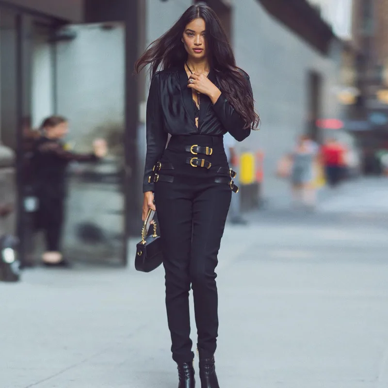 JIEZuoFang сексуальные Лоскутные пряжки высокой талии карандаш брюки обтягивающие