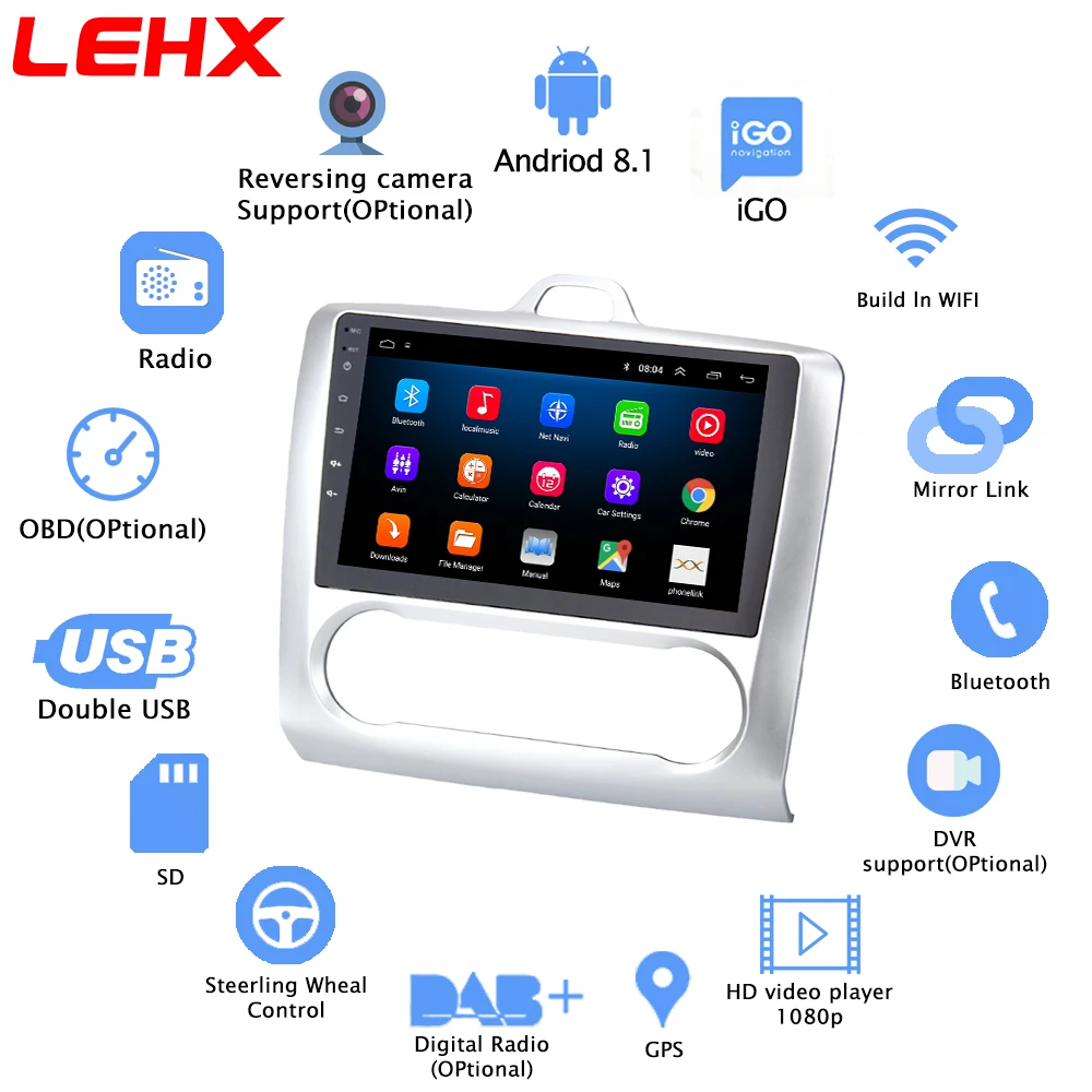 LEHX 2 DIN 9 дюймов Android 8,1 автомобильный мультимедийный плеер с сенсорным экраном четырехъядерный автомобильный радиоприемник для 2004 2005 2006-2011 Ford Focus Exi AT