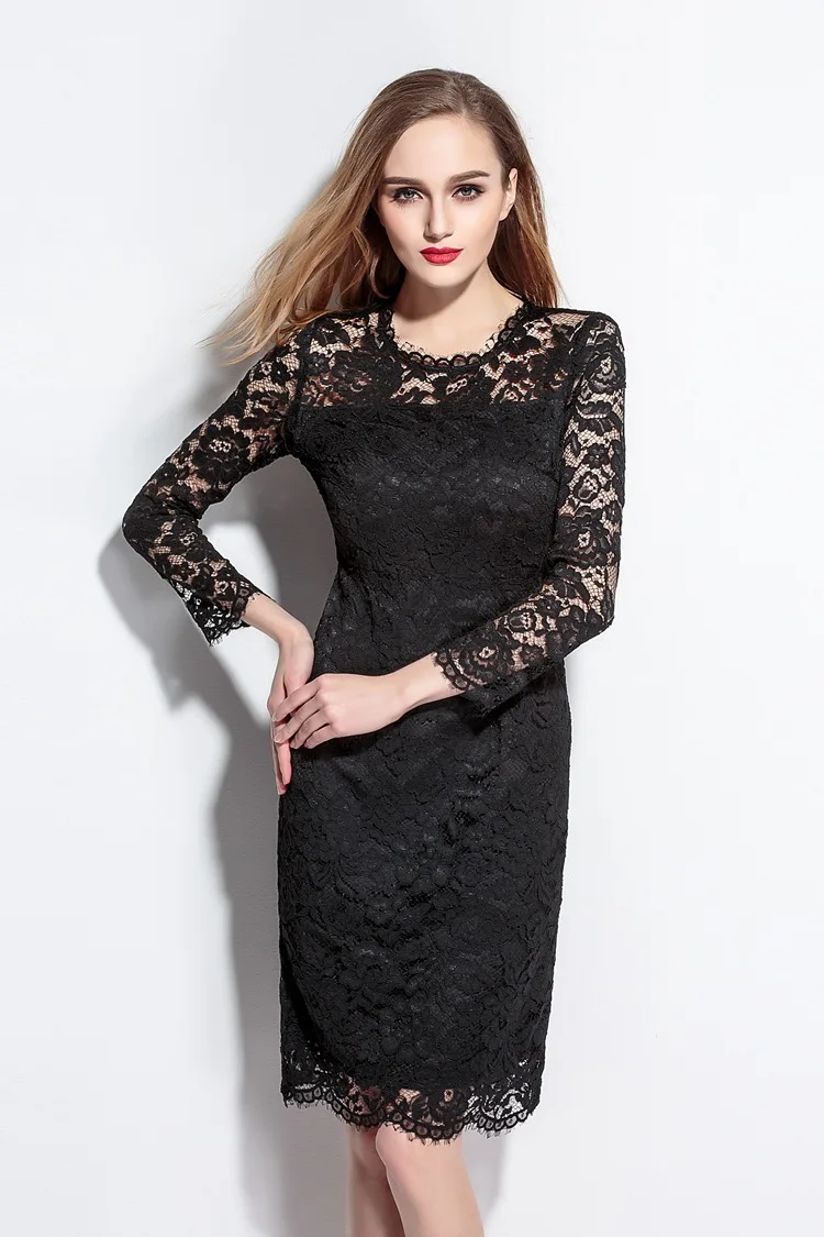 Европа 2016 Лето Новые женские Платья Ажурная Вышивка Сплошной Цвет С Длинными