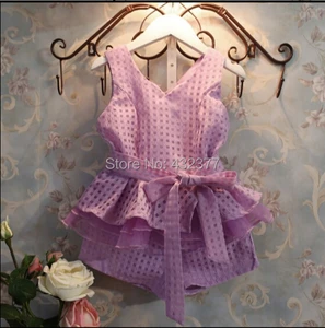 2015 новый весенний комплект одежды для маленьких девочек комплект летних клетчатых жилетов белогофиолетового цвета детская одежда для девочек 2-7 лет