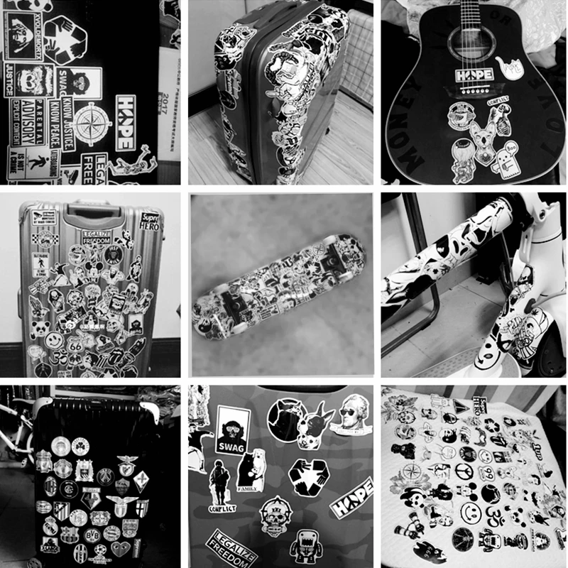 100 шт черно-белые крутые DIY наклейки для скейтборда, ноутбука, багажа, сноуборда, холодильника, телефона, игрушки, Стильные наклейки для домашнего декора