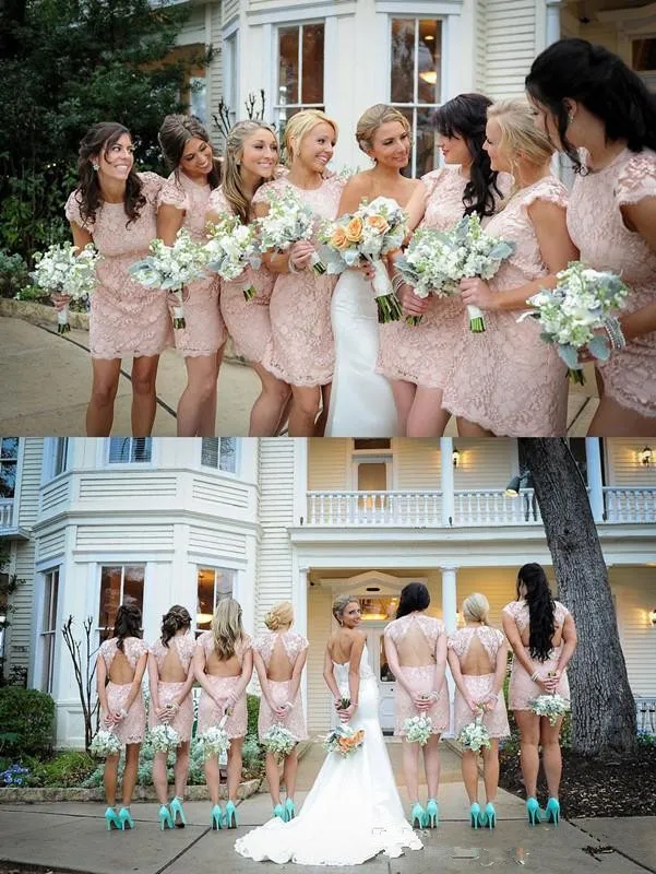 Румяна розовый платья невесты scoop линии короткие рукава спинки платье мини