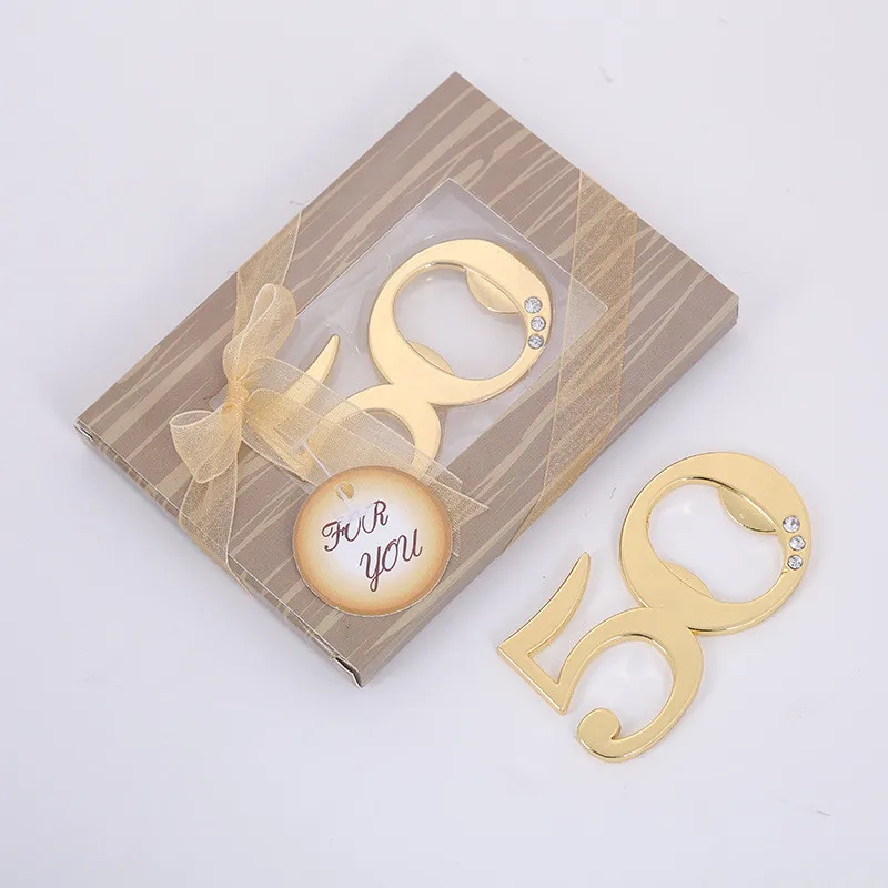 

50pcs / lot 50 Anniversary Gold Beer Bottle Opener Metal Openers For Wedding Souvenirs for guests Birthday Party Gifts Favors