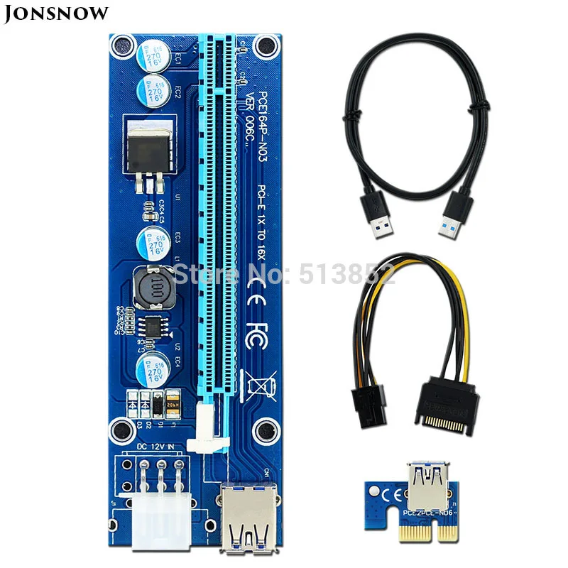 

006C PC PCIe PCI-E PCI Express Riser Card 1x to 16x USB 3.0 Data Cable SATA to 6Pin IDE Molex Power Supply for BTC Miner Machine