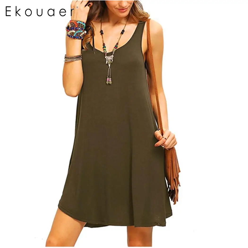 army green Ekouaer женские сорочки Ночное платье летняя одежда для сна с круглым вырезом без рукавов Свободный однотонный жилет ночная рубашка женские мягкие Спальные платья - Цвет: army green