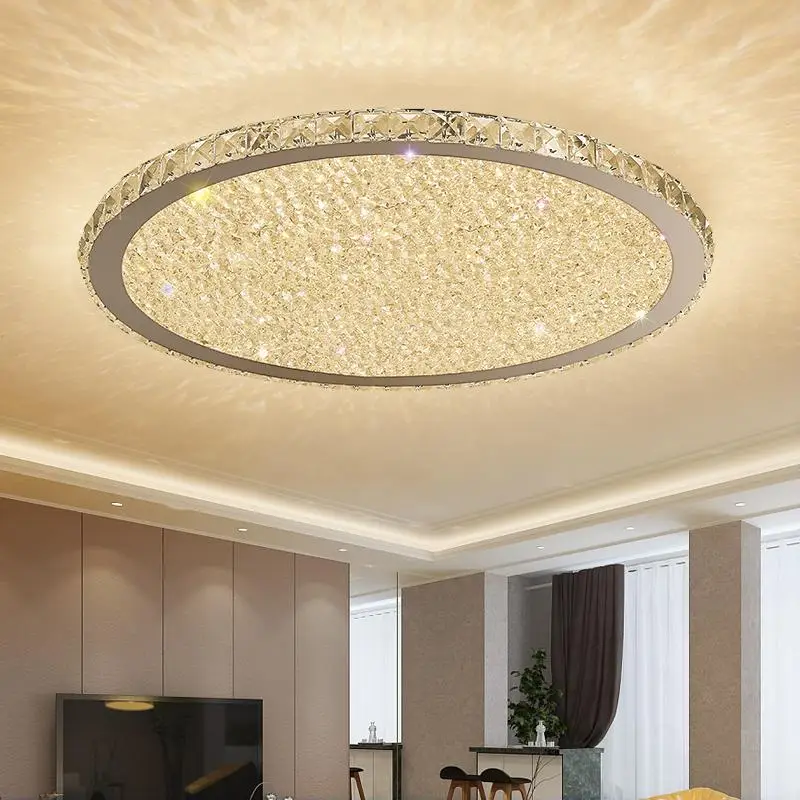 

LukLoy Crystal Ceiling Light Modern Luxury Living Room Bedroom Lighting Stainsteel LED Lens Stepless Dimming Round Simple Lamp