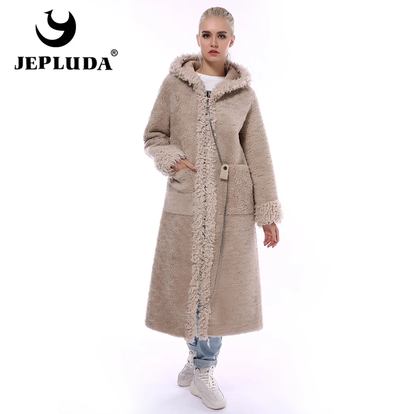 JEPLUDA Натуральный Шерсть Пальто Женское Зимнее с Капюшон Молния Длинная Необычный Teddy Пальто Женское Натуральный Мех Овечьный Зимняя Куртка Женская Натуральная Мех