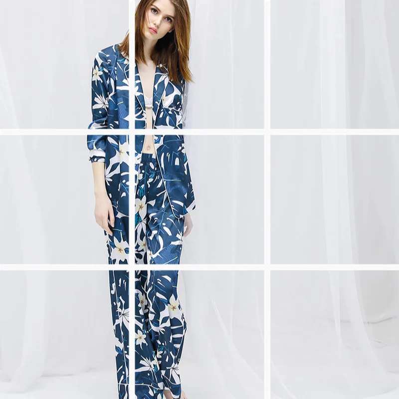 Осенняя Пижама для женщин с атласным принтом и длинными рукавами брюки шелковые