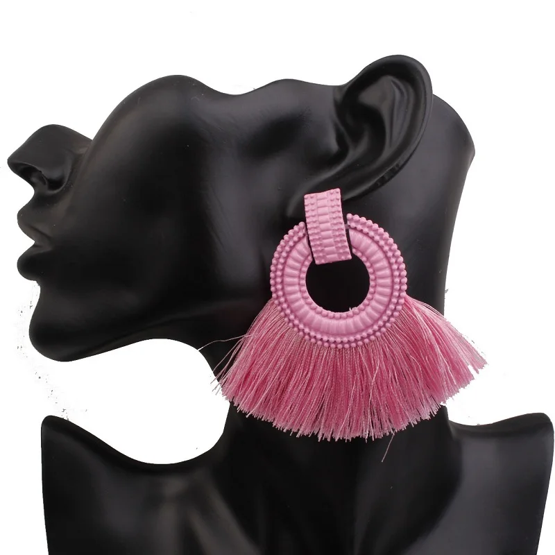 Pink Exknl богемные серьги в виде капель для женщин, серьги с кисточками, большие массивные Винтажные висячие серьги, красные, розовые, черные, синие модные ювелирные изделия - Окраска металла: Pink