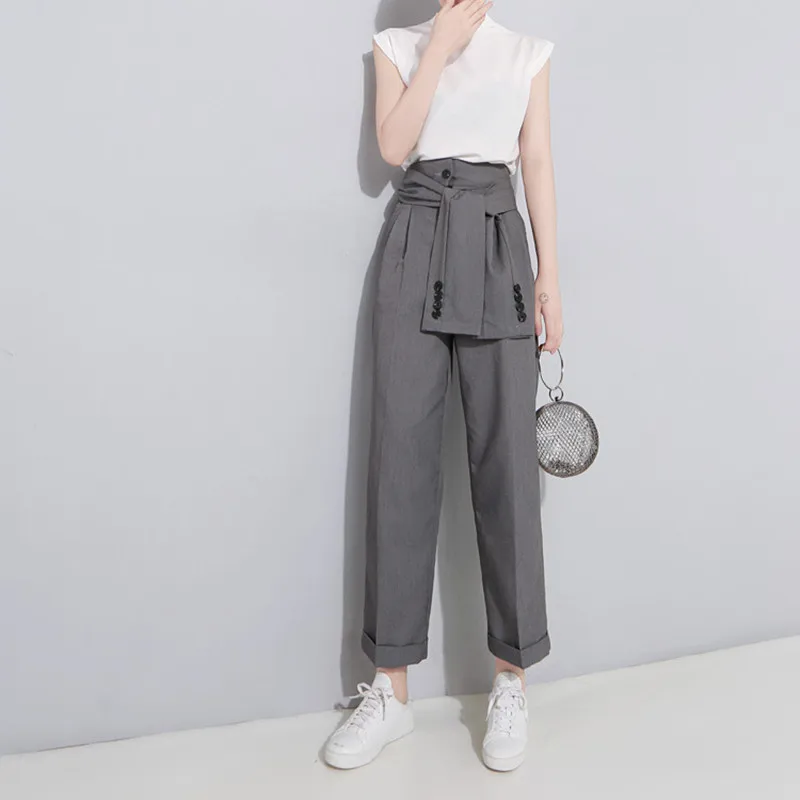 Johnture Ankle-length Solid Color 2022 New High Waist Button Pencil Pants Summer Pockets Flat Fashion Loose Women | Женская одежда