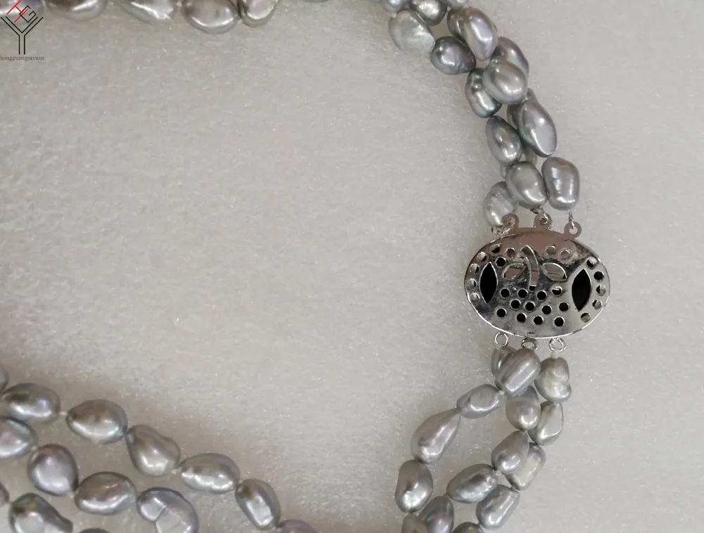 

Women Jewelry 9mm Bright gray pearl 3 rows necklace baroque pearl lady clasp handmade real natural freshwater pearl gift