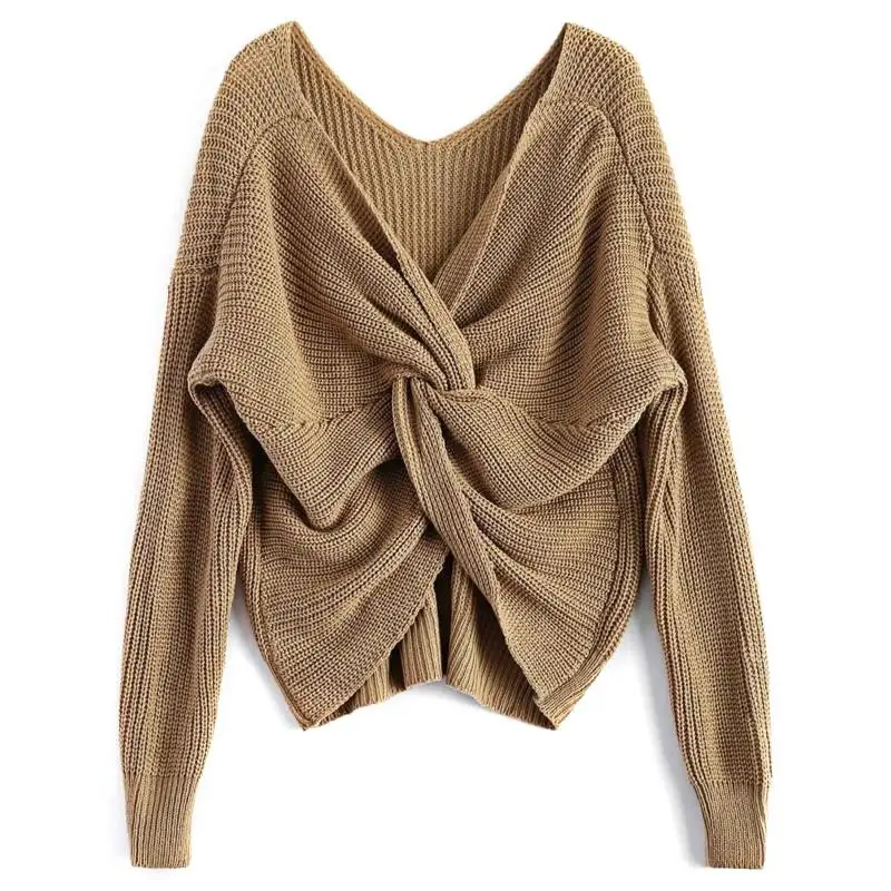 

MISSKY 2018 осень-зима Женские однотонные Цвет v-образным вырезом свитер без спинки модное кросс-обруч Реверсивный пуловер