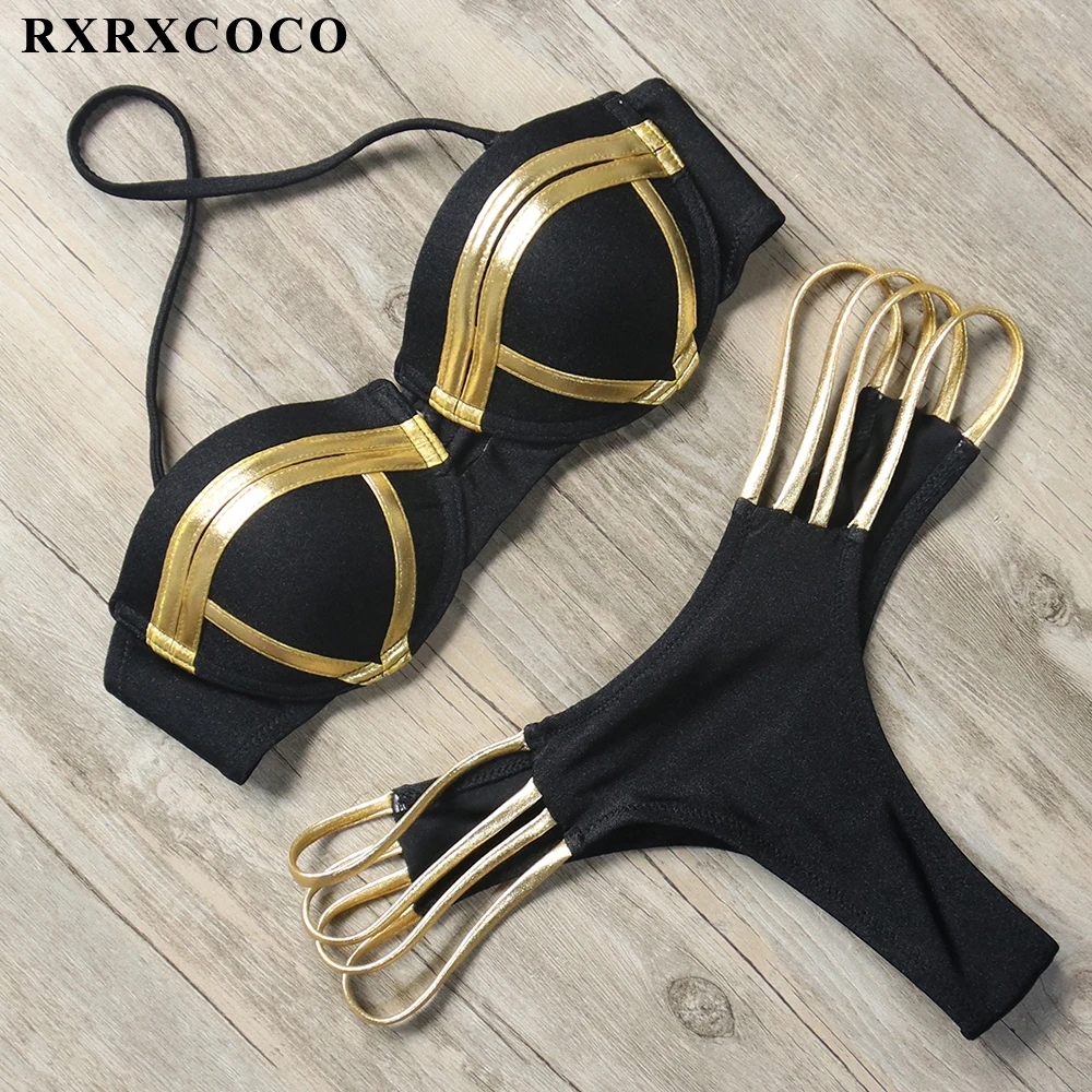 RXRXCOCO, сексуальный бандаж, бикини, пуш-ап, купальник для женщин, купальник, Бразильский бикини, набор,, летний, Одноцветный, купальник, низкая талия, костюм
