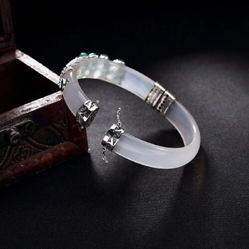 S925 Sterling Silver Chalcedony Bangle For Women Thai Vintage Marcasite Peacock White Green Fine Jewelry Jade Bracelet | Украшения и