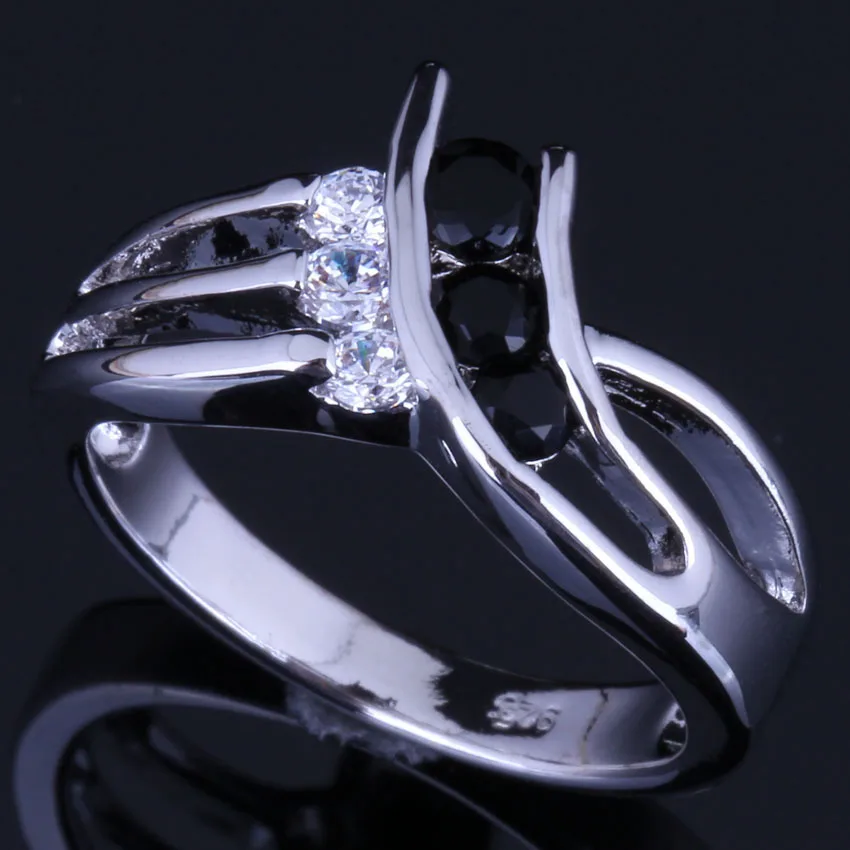 

Terrific Black Cubic Zirconia White CZ Silver Plated Ring V0685