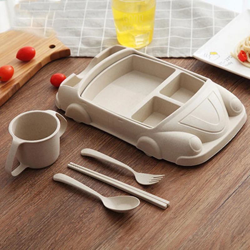 5PCS/SET Microwave Oven Great Quality Cute Cartoon Children\'s Straw Dinner Plate Creative Car Train Wheat Bowl Meal Bowl