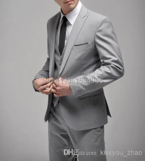 Top Selling - Custom Made Slim Fit One Button Light Grey Groom Tuxedos Side Slit Groomsmen Men Wedding Suits Bridegroom (Jacket+ | Мужская