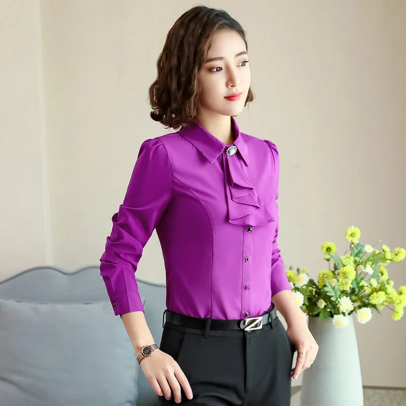 purple Элегантная женская рубашка с длинным рукавом, осенняя, белая, фиолетовая, с галстуком-бабочкой, шифоновая, женская блузка, одежда для работы, официальная, офисная, размера плюс, топ небесно-голубого цвета - Цвет: purple