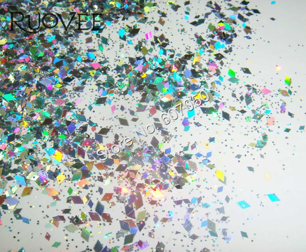 Голографический лазерный серебряный блеск 50 грамм смешанные алмазные Ромбы