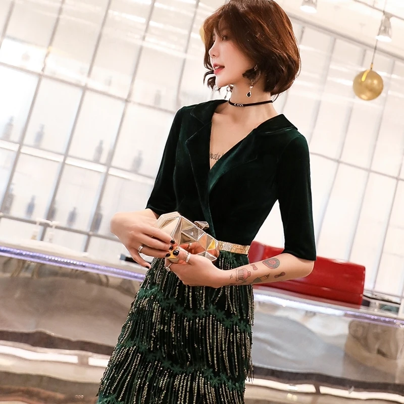 Платье с пайетками Ленточки Короткие коктейльные платья Vestido De Soiree V образным вырезом с коротким рукавом темно-зеленое вечернее платье для выпускного, коктейльной вечеринки платье TS1130