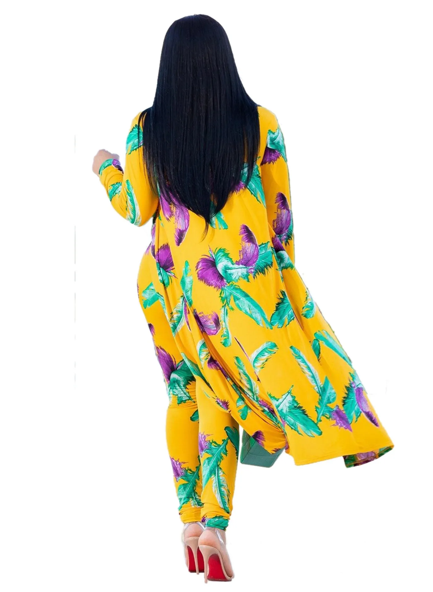 

Autumn Women White Tee Long Cardigan Coat Pencil Pants Three-piece Suits Fashion Casual Feather Print Sets