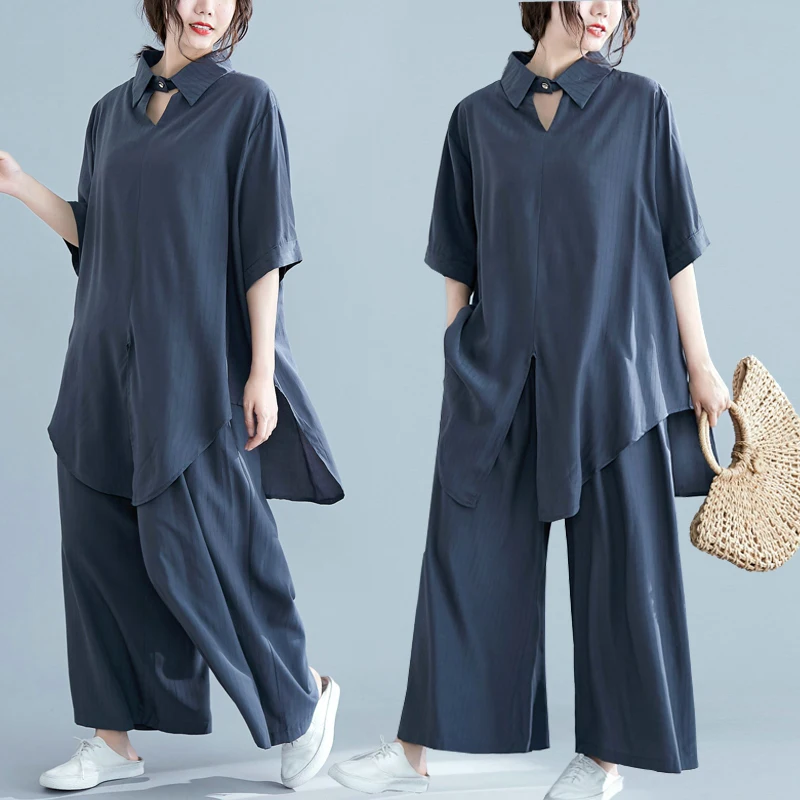 Casual Loose Fat Mm + Wide-legged Blouse Shirt Gray Pink Black Apricot 9168 | Женская одежда