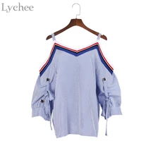 lychee sexy summer women blouse stripe bow tie v neck off shoulder lantern sleeve shirt tops