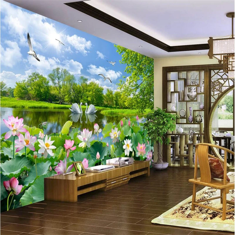 beibehang Custom wallpaper Murals Any size photo Beautiful scenery Swan Lake Lotus living room Landscape TV background wall |
