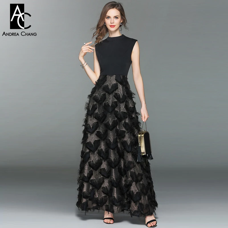 S-XXL весеннее женское платье Черная майка Золотая Звезда узор перо кисточка