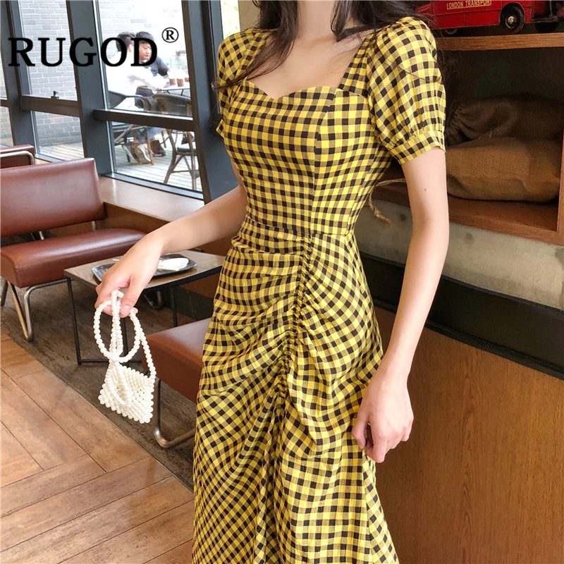 RUGOD/винтажное клетчатое длинное женское платье в Корейском стиле с квадратным