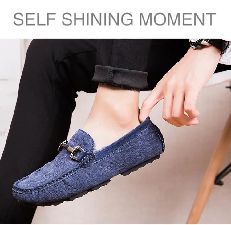 Men Loafers Plush Keep Warm Soft Moccasins Winter Suede Leather Slip On Shoes Casual Mens Fur Flats Gommino Driving Shoes Black