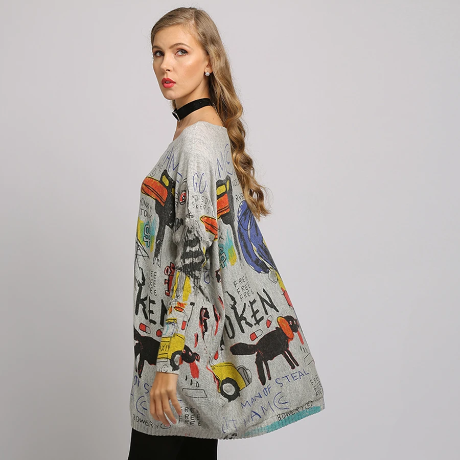 2019 Plus size Women Sweater Cartoon Printed Long Sleeve Tops O-Neck Lovely Pullovers Knitted Loose Sweaters Femel Knitwear | Женская