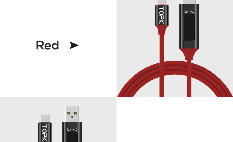 TOPK кабель для быстрой зарядки USB 3,0 usb type C, кабель для синхронизации данных и отображения напряжения и тока для USB-C Xiaomi A1 samsung S9